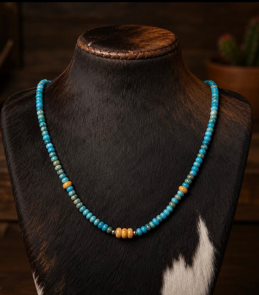 16" Turquoise & Orange Spiny Oyster Beaded Necklace | Southwestern Jewelry
